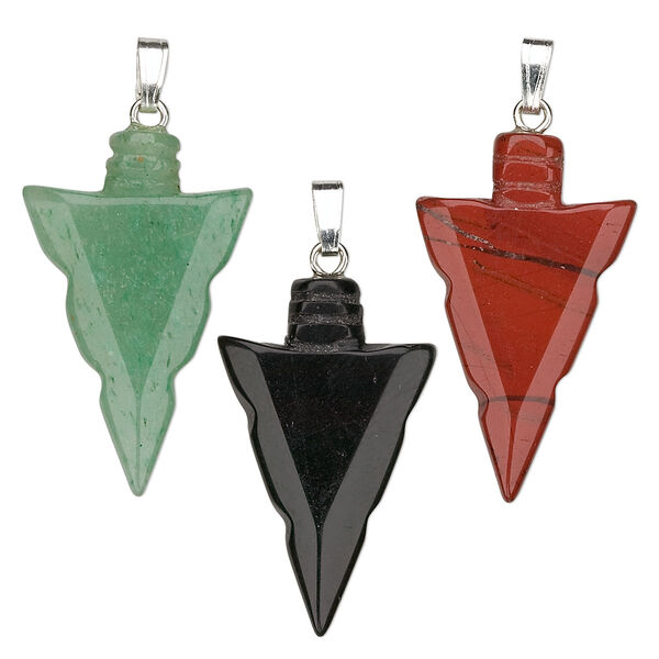 Pendant mix, multi-gemstone (natural / dyed) with gold-finished and/or silver-plated brass, 30x17mm arrowhead. Sold per pkg of 100. image number 0