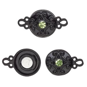 Clasp magnetic 1pkg2 "pewter" (zinc alloy), 12mm double-sided round, black-finished / green rhinestone 1-strand