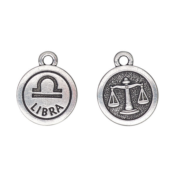 Charm, TierraCast®, antique silver-plated pewter (tin-based alloy), 15mm two-sided flat round with Libra zodiac sign and symbol. Sold per pkg of 2. image number 0