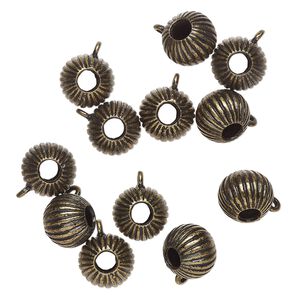 Bead, antique brass-finished "pewter" (zinc-based alloy), 12x11mm corrugated round with closed loop. Sold per pkg of 12.