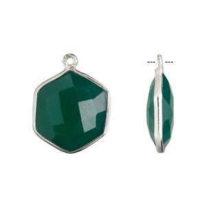 Drop, green onyx (dyed) and sterling silver, green, 18x17mm-20x18mm hand-cut double-sided faceted hexagon. Sold individually.