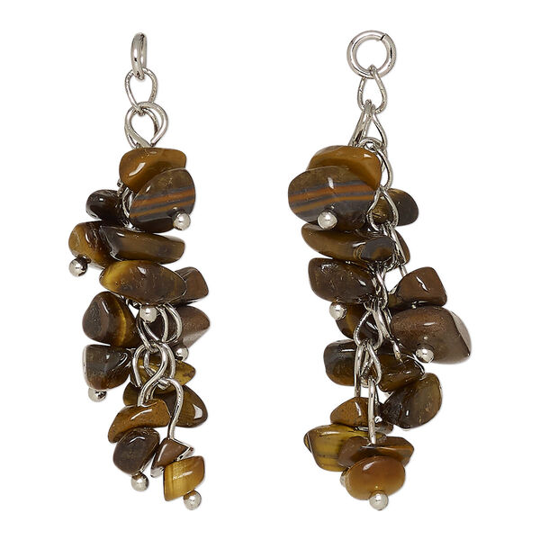 Focal, tigereye (natural) and silver-finished steel, 48x14mm cluster with 5mm open jump ring, Mohs hardness 7. Sold per pkg of 2. image number 0
