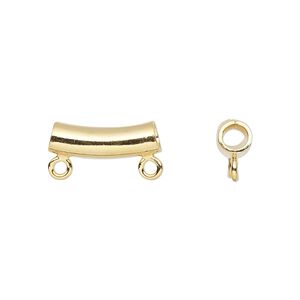 Bead, gold-plated brass, 14x5mm curved tube with 2 loops. Sold per pkg of 10.