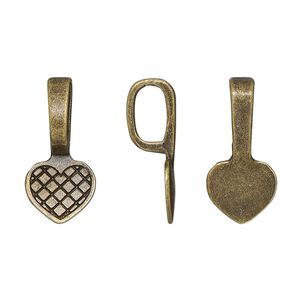 Bail, glue-on, antique brass-finished "pewter" (zinc-based alloy), 21x10mm heart with 10.5x10mm pad. Sold per pkg of 20.