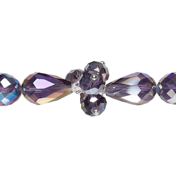 Bead, glass and silver-finished brass, translucent clear and metallic purple, 4mm faceted bicone / 8x6mm faceted rondelle / 15x10mm faceted teardrop. Sold per 8-inch strand. image number 0