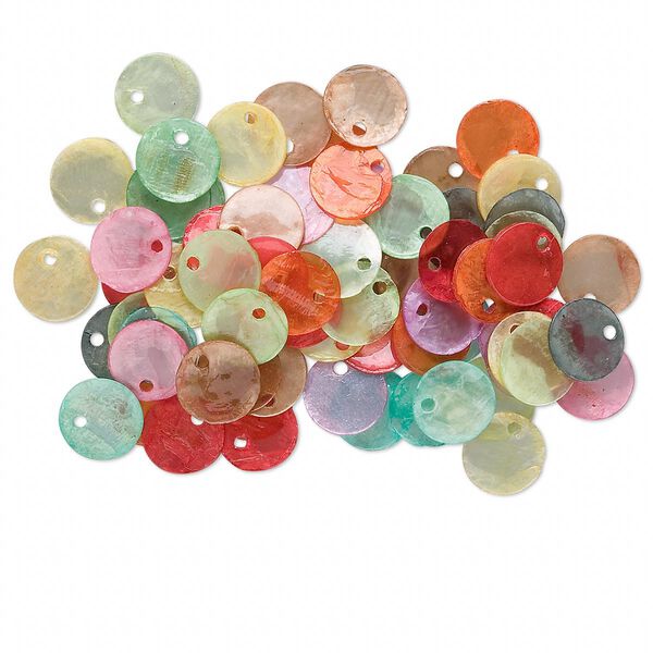 Drop mix, Capiz shell (coated), mixed colors, 10mm flat round. Sold per pkg of 100. image number 0