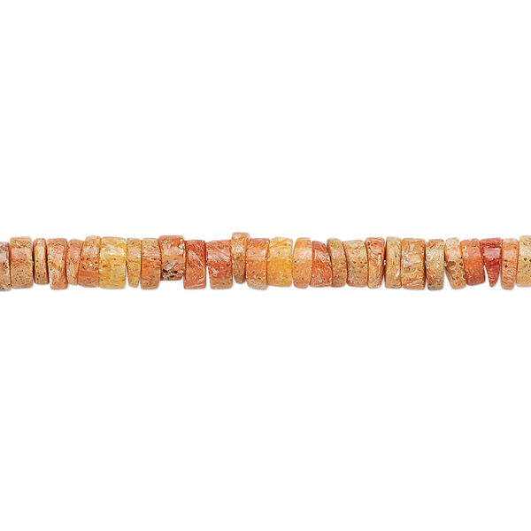 Bead, sponge coral (dyed / stabilized), red / brown / orange, 4x1mm-5x2mm hand-cut rondelle, B grade, Mohs hardness 3-1/2 to 4. Sold per 8-inch strand, approximately 120-130 beads. image number 0