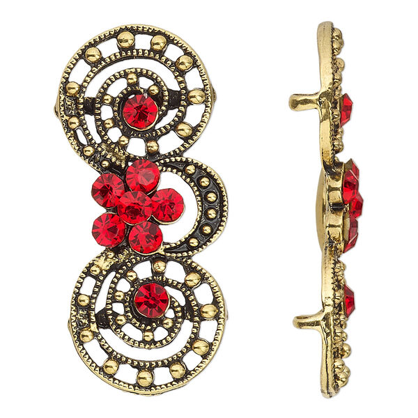 Spacer, antiqued gold-finished "pewter" (zinc-based alloy) and Czech glass rhinestone, light Siam, 39x17mm 2-strand fancy double circle. Sold per pkg of 4. image number 0