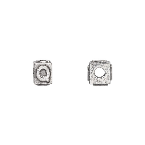 Bead, antiqued pewter (tin-based alloy), 8x6mm rectangle with alphabet letter "Q". Sold per pkg of 4. image number 0