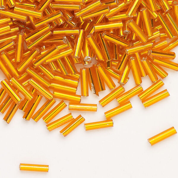 Bead, Ming Tree™, bugle bead, glass, pkg/1/4 pound, 1/4 inch, silver-lined translucent dark orange. image number 0