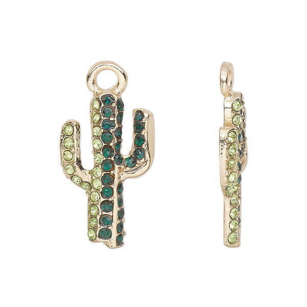 Charm, glass and gold-finished pewter (tin-based alloy), light green and dark green, 23x13.5mm cactus. Sold per pkg of 2. image number 0