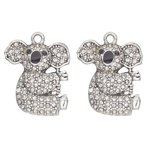 Charm, antique silver-finished "pewter" (zinc-based alloy), enamel and glass, clear and black, 22x20mm single-sided koala bear. Sold per pkg of 2.