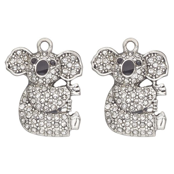 Charm, antique silver-finished "pewter" (zinc-based alloy), enamel and glass, clear and black, 22x20mm single-sided koala bear. Sold per pkg of 2. image number 0