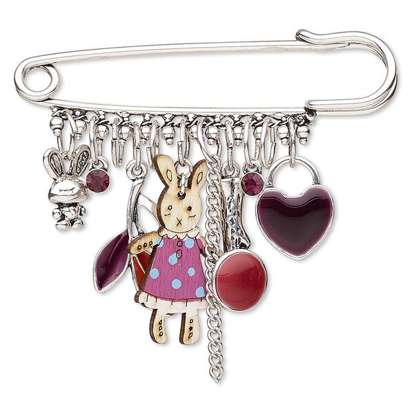 Brooch, glass rhinestone / wood / enamel / antique silver-plated "pewter" (zinc-based alloy) / steel / brass, multicolored, 3x2-1/4 inches with bunny. Sold individually. image number 0