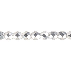 Bead, Czech fire-polished glass, opaque metallic silver, 6mm faceted round. Sold per pkg of 1,200 (1 mass).