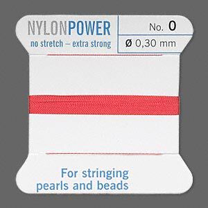 Thread, Griffin, nylon, red, size #0. Sold per 2-meter card (approximately 78 inches).