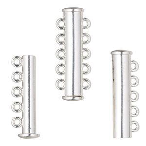 Clasp magnetic slide lock 1pkg2 "pewter" (zinc alloy), 28x6.5mm tube, silver-finished 5-strand