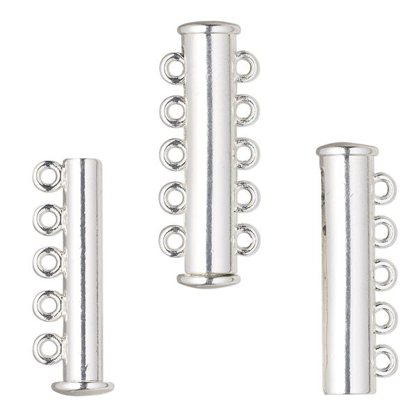Clasp, 5-strand magnetic slide lock, silver-finished "pewter" (zinc-based alloy), 28x6.5mm tube. Sold per pkg of 2. image number 0