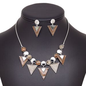 Necklace and earring set, black lip shell (natural) / enamel / glass / stainless steel / imitation rhodium-plated brass / steel / "pewter" (zinc-based alloy), copper / gold / topaz yellow, triangle, 15" to 16" necklace with 2-inch extender chain and lobster claw clasp, 35mm earrings with post. Sold per set.