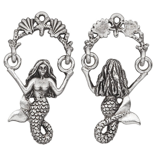 Focal, antiqued pewter (tin-based alloy), 35x20mm mermaid. Sold individually. image number 0