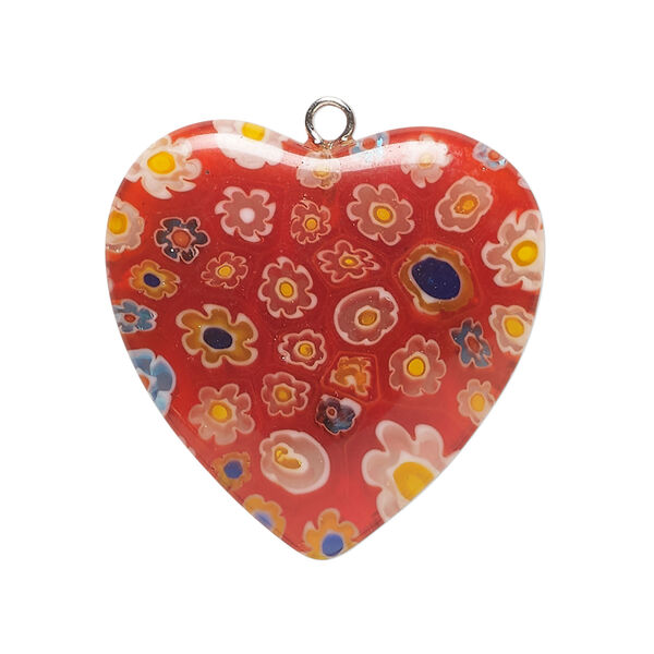 Focal, millefiori glass and silver-finished steel 1pkg1, translucent red and multicolored, 29-31mm puffed heart. image number 0