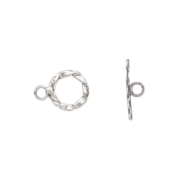 Clasp, toggle, sterling silver, 10mm twisted flat round. Sold per pkg of 2. image number 0