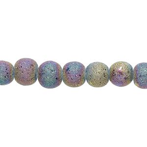 Bead, coated glass, opaque matte rainbow, 7-8mm uneven round. Sold per 15-1/2" to 16" strand.