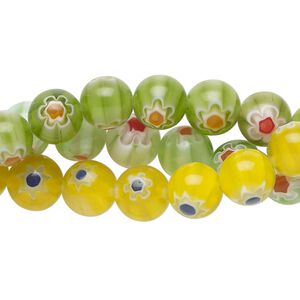Bead, millefiori glass, translucent yellow and multicolored, 8mm round. Sold per pkg of (3) 14-inch strands.