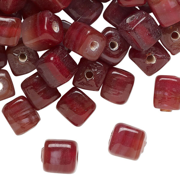 Bead, glass, translucent dark red and white, 9x7mm cube with swirl design. Sold per 4-ounce pkg, approximately 125 beads. image number 0