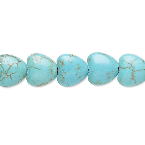 Bead, magnesite (dyed / stabilized), blue-green, 10x10mm puffed heart, C grade, Mohs hardness 3-1/2 to 4. Sold per 15-inch strand. image number 0
