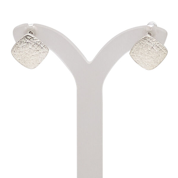 Earstud, stainless steel with imitation rhodium-plated brass and "pewter" (zinc-based alloy), 11mm textured diamond with post. Sold per pair. image number 0