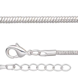 Chain, silver-plated brass, 2mm snake, 18 inches with 1-inch extender chain and lobster claw clasp. Sold per pkg of 4.