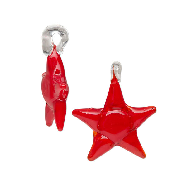 Drop, lampworked glass, translucent red and clear, 15-20mm star. Sold per pkg of 2. image number 0