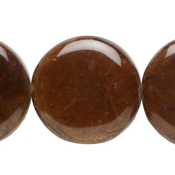 Bead, laminated leaf and resin (coated), brown, 25mm puffed flat round. Sold per 6-inch strand ,approximately 5 beads. image number 0