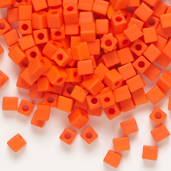 Seed bead, Miyuki, glass, pkg/25g, 3.5-3.7mm square, opaque frosted orange (SB-406F). image number 0