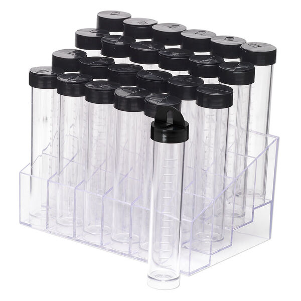 Display, acrylic, clear, 5-3/4x3-3/4 inch rectangle rack with 24 clear 4x3/4 inch wide vials with black twist-on caps with hang-tabs. Sold per set. image number 1