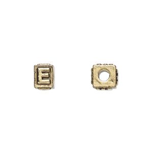 Bead, antique gold-plated pewter (tin-based alloy), 8x6mm rectangle with alphabet letter "E." Sold per pkg of 4.