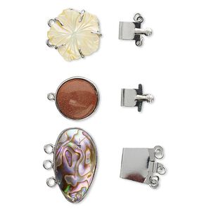 Clasp mix, tab, multi-gemstone / multi-shell (natural / bleached / manmade / imitation / assembled) / silver finish brass, 18mm-34x34mm mixed shape. Sold per pkg of 3.