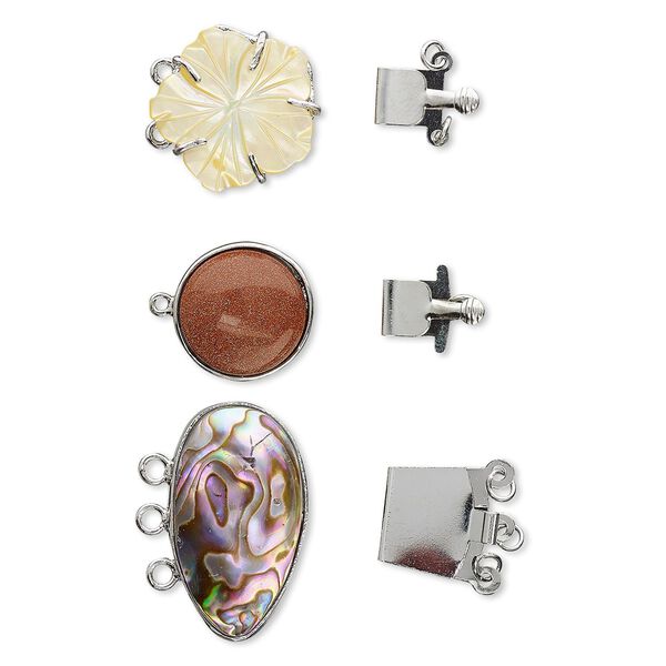 Clasp mix, tab, multi-gemstone / multi-shell (natural / bleached / manmade / imitation / assembled) / silver finish brass, 18mm-34x34mm mixed shape. Sold per pkg of 3. image number 0