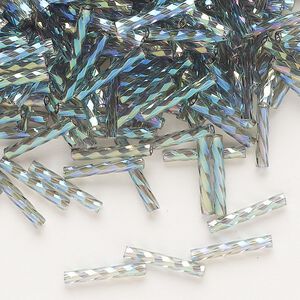 Bugle bead, Dyna-Mites™, glass, translucent rainbow gunmetal, 12mm twisted. Sold per 1/2 kilogram pkg.