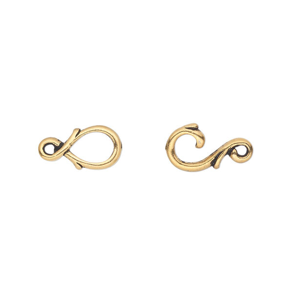 Clasp, TierraCast®, hook-and-eye, antique gold plate pewter (tin-based alloy), 16x7mm with fancy vine design. Sold individually. image number 0