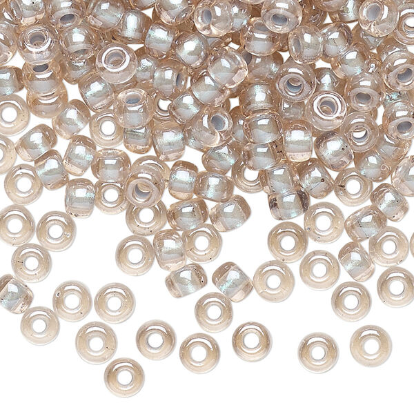 Seed bead, Miyuki, glass, pkg/25g, #6 rocaille, translucent light blue-lined pearlized pink, (RR-4615). image number 0