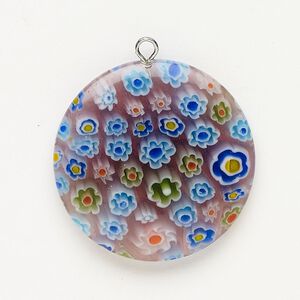 Focal 1pkg1 silver-finished steel and millefiori glass, translucent and transparent light purple and multicolored, 29-30mm puffed flat round.