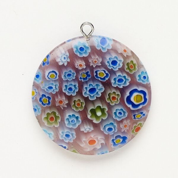 Focal 1pkg1 silver-finished steel and millefiori glass, translucent and transparent light purple and multicolored, 29-30mm puffed flat round. image number 0