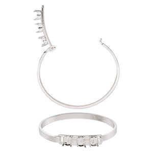 Bracelet, bangle, silver-finished brass, 9mm wide with (3) SS39 4-prong rivoli settings, 8 inches. Sold individually.