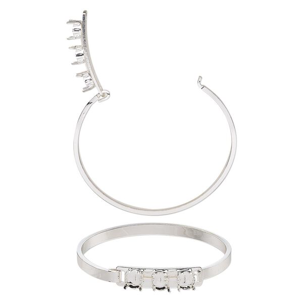 Bracelet, bangle, silver-finished brass, 9mm wide with (3) SS39 4-prong rivoli settings, 8 inches. Sold individually. image number 0