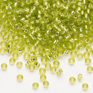 Seed bead, Miyuki, glass, pkg/250g, #8 rocaille, transparent silver-lined chartreuse (RR-14).