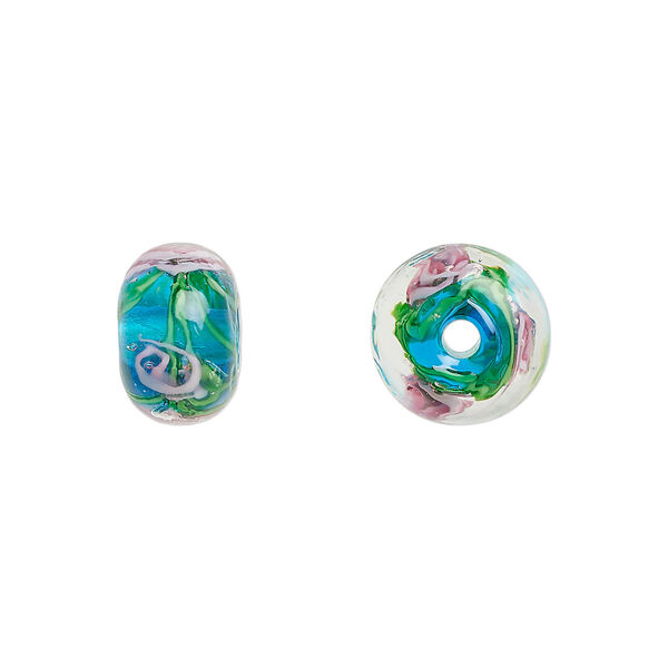 Bead, lampworked glass, opaque teal and multicolored, 12x8mm rondelle with rose. Sold per pkg of 4. image number 0