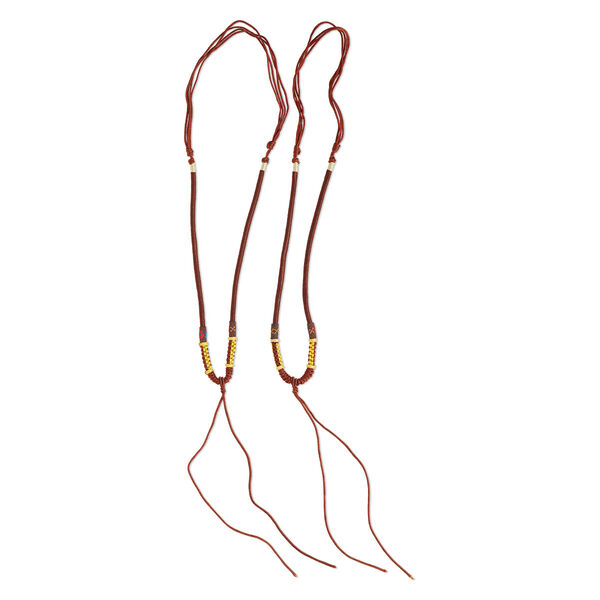 Necklace cord, macramé, imitation silk, brick red and multicolored, 2-3.5mm wide with 5-1/2 inch dangle, 20 inches with slip knot closure. Sold per pkg of 2. image number 0