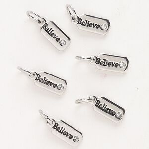 Drop "pewter" zinc-based alloy glass 6pk 10x5mm affirmation rectangle "Believe," antique silver finish clear